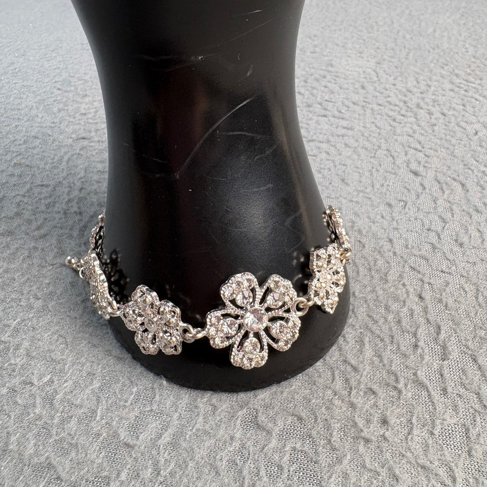 Silver Tone Rhinestone Floral Link Bracelet Adjustable Extender Chain Clear Gem